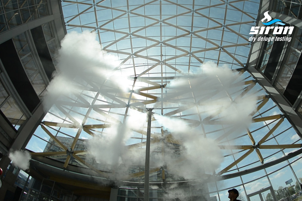 siron dry deluge testing test in an atrium at an european airport